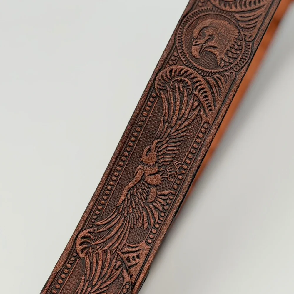 Vintage Western Brown Tooled Leather Belt Eagle Phoenix Embossed Silver Buckle